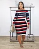 Color de contraste letra a rayas impresa más Tamaño de vestidos para mujer Celebrity Moda de manga larga Bodycon Midi Vestidos al por mayor 210525