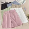 Plus Size Summer Long Shorts para mulheres com cintura alta Rosa Casual Loose Khaki Joelho Comprimento Feminino Lareira Bolsos 210514