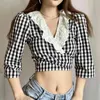 Spring Women Ruffle V Neck Lace Up Plaid Short Shirt Female Three Quarter Sleeve Blouse Casual Lady Crop Tops Blusas S8608 210430