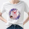 T-shirt da donna Serie Pig Creative Wonen Modern Streetwear Ghirlanda di fiori viola Abiti stampati Design raffinato