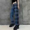 [EAM] taille haute bleu Plaid longue jambe large Denim jean ample femmes pantalon mode printemps automne 1DD9323 211129