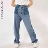 Streetwear Jeans a contrasto di colore Pantaloni estivi a vita alta da donna larghi e sottili in denim Marea femminile 5E331 210427