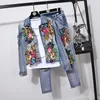 European Style Fashion Pants Outfits Women Long Sleeve Flower Sequins Denim Short Jacket + Jeans Two-Piece Set Female Tide H957 Women's Trac