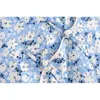 Chinese Style Elegant Pearl Buttons Blue Floral Print Dress Short Sleeve Side Slit Woman Cheongsam Dresses Summer 210429