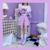 Kawaii filles violet Shorts été amour coeur imprimé Patchwork court Harajuku élastique taille haute cordon Shorts femmes 210611