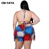 CM.YAYA Frauen Plus Größe Set Print Bandage Halter Bh Tops Dünne Shorts Zwei 2 Stück Sets Sexy Nacht Clubwear Sommer outfits 2021 X0709