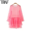 Traf Women Sexig mode Transparent Ruffled Mesh Mini Dress Vintage O Neck Långärmad kvinnliga klänningar Vestidos 210415