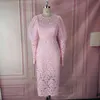 숙녀 핑크 레이스 드레스 긴 랜턴 슬리브 Bodycon 패치 워크 얇은 명주 그물 날짜 저녁 식사 우아한 roves 여성을위한 겸손한 아프리카 드레스 210416