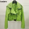 Lautaro Autumn Short Green Soft Faux Leather Biker Jacket Women Long Sleeve Zipper Belt Designer European and American Fashion 211110