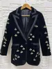 Högkvalitativ Höststil Pendling Svart Velvet Medium Längd Little Bee Inlaid Diamond High Street Celebrity Party Blazer Coat X0721