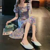 Fransız Vintage Çiçek Elbise Bahar Puf Kol Kadın Kare Yaka Bölünmüş Elbise 2021 Casual Seksi Parti Bayanlar Tek Parça Elbise Yeni X0521