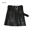 Vår sommar kvinnor mini pu läder kjol dragkedja hög midja slim bälte sexiga svarta faux kjolar 210430