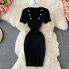 Summer Short-sleeve Knit Dress Women Elegant Pure Color Buttons Square Collar Slim Fit Stretch Casual Work Party Mini 210603