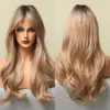 Long Light Ash Blonde pelucas de cabello humano tejido marrón miel ombre trenzado Natural ondulado sintético con flequillo Fibra resistente al calor Daily Party Hair Cosplay para mujeres