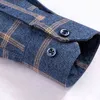 Aoliwen homens 100% algodão azul marinho xadrez azul casual camisa de manga longa s-7xl primavera botão outono tendência suor absorvente slim camisas g0105