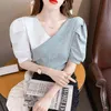 V 넥 퍼프 슬리브 세련된 탑 탑터 콘트라스트 컬러 디자인 반팔 티셔츠 여름 패션 여성 의류 210520