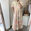 Lace Up Puff Sleeve Robe Koreaanse Lange jurk Tie Dye Vrouw Kleding Zomer Vintage Jurken Vierkante Kraag Hoge Taille 210510