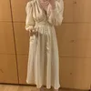 Women Apricot Shirring Long Pleated Dress V-neck Three Quarter Puff Sleeve Loose Fit Fashion Robe Summer 210510