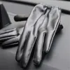 Långvarig mode svart pus läderhandskar manlig tunn stil kör läder män handskar glidande full fingrar palm pekskärm h0818