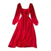 Rode jurk damesmode retro vierkante kraag hoge taille slanke herfst lange mouw effen kleur vestidos p091 210527