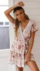 Fitshinling Deep V Neck Summer Wrap Dress Print Floral Sexy Pareo Beach Wear Bohemian Slim Robe Holiday Short Dresse 210722