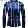 Pionowe Paski Shiny Mens Velor Tshirts Casual Slim Fit Mężczyźni Z Długim Rękawem Smooth Autumn Mens Tops Tee Shirt Streetwear 210524