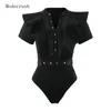 Dames Jumpsuits Rompertjes Modecruil Dames Sexy Mesh Bodysuit Ruches Single Breasted Bodycon Jumpsuit met Korte Mouw Transparante R