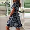 Vestidos de mujer Verano Sexy V Cuello Estampado floral Boho Beach Ruffle Manga corta Una línea Mini Wrap Sundress Robe 210514