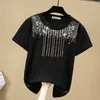 Verão Manga Curta Diamante Tshirt Moda Estilo Coreano Camiseta Femme Branco Preto Camisas Mulheres Casuais Cotton Tops 210604