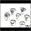 Band Jewelryvintage Purple Crystal Hollow Flower Midi Finger Rings Set 7Pc Mix Style Antique Sier Knuckle Fashion Stacking Ring Haldway Fine