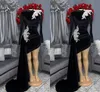 Vintage noir Velvet Soirée Cocktail Robes de cocktail de soirée avec queue à col haut Haut Manches longues Applique promesse spéciale occasion robe de robe Femme