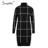 Elegant women knitted Long sleeve turtleneck plaid Winter office lady straight chic pullover sweater dress 210414