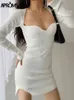 Aproms elegante cuello cuadrado acanalado vestidos de punto mujeres Casual manga larga alto estiramiento básico ceñido al cuerpo vestido Streetwear Vestidos 211206