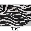 TRAF Women Fashion Zebra Print Beskuren Blazer Coat Vintage Långärmad Animal Mönster Kvinna Ytterkläder Chic Toppar 210415