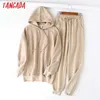 Tangada Autumn Winter Women tracksuit thick fleece 100% cotton suit 2 pieces sets hoodies sweatshirt and pants suits 6L17 210609