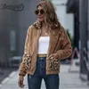 Леопардовый карманный из кармана ягненка женская куртка пальто осень зима повседневная молния женское тедди уличное стиль пушистый верхняя одежда 210510