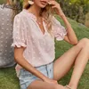 V-hals Frill Trim Swiss Dot Sheer Chiffon Blouse Zomer Korte Mouw Mode Casual Vrouwen Tops en Blouses 210510