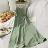 Knotted High Waist Slimming Low-neck Halter Strap Dress Female Solid Color All-match Mid-length Dress 210709