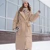 Kvinnors Down Parkas Lång Kvinnor Mode Vinter Slips Bälte Coats Elegant Solid Täckt Knapp Bomull Jackor Kvinna Damer