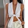 White Turn Down Collar Blouse Shirt Dames Mode Sexy Crop Top Bowknot Front Zomer Mouwloze Blazer Blusas Mujer 210415