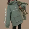 Omsj adorável sapo moletom hoodies outono mulheres letra cópia design manga comprida zip bolsos frontais bonitos pullover tops 210517