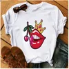 Aowf sexy lábios vermelhos cereja fruta t-shirt mulher sedutor batom t-shirt moda roupa harajuku top estilo coreano fêmea x0527