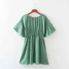 Summer Women Floral Print Green Mini Dress Female Slash Neck Flare Sleeve Clothes Casual Lady Loose Vestido D7750 210430