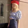 Урожай клетчатая клетчатая топы женские рюша к клетку Blue Streetwear Blouse лучшие лето осенние блузки рубашки 210415