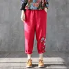 Arts Style Spring Femmes Pantalon Harem Taie élastique Broderie vintage Casual plus taille femelle en coton lin lâche D396 210512