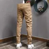 メンズジーンズ韓国スタイルファッションメンKhaki Elastic Slim Fit Spliced Designerカジュアルストリートウェアヒップホップデニムペンシルパンツ