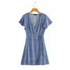 Casual kvinna blå v nacke ruffles lacing bomullsklänning sommar mode damer mjuk mini es kvinnlig chic a-line 210515