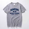 낯선 사람 것들 hawkins 고등학교 짧은 소매 티셔츠 티 티셔츠 100 % 코튼 저지 조깅 210706