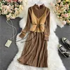 Elegant Women Bodycon Maxi Dress Belt Vest 2 Pieces Set Chic Solid Knit Dresses Office Lady Bottom Pleated Vestidos 210601