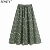 Women Vintage Totem Floral Print Green Midi Faldas Mujer Female Chic Elastic Waist Party Vestido Brand Skirt QUN757 210416